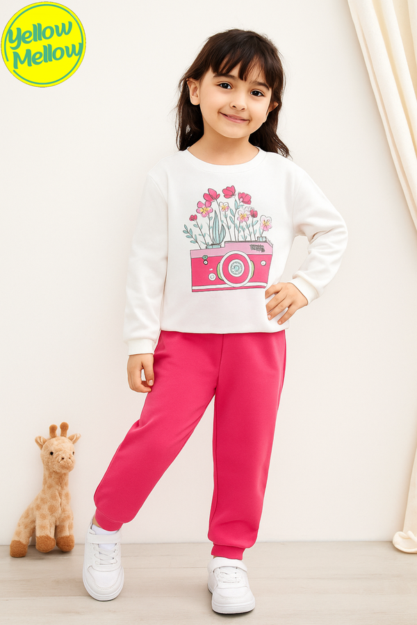 Camera with Flowers White Pink Girls Tracksuit