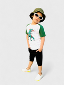 Dino Hike - White Raglan Tee with Green Sleeves