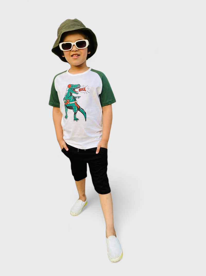 Dino Hike - White Raglan Tee with Green Sleeves