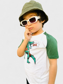 Dino Hike - White Raglan Tee with Green Sleeves