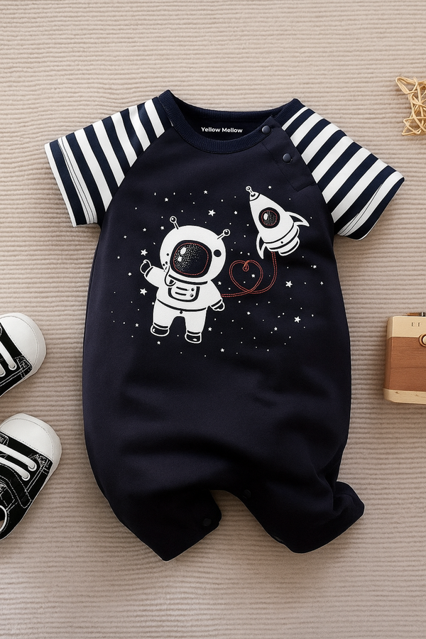 Black Astranaut Romper with Printed Stripper Sleeves