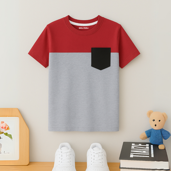 Red and Grey Panel Tee with Black Pocket
