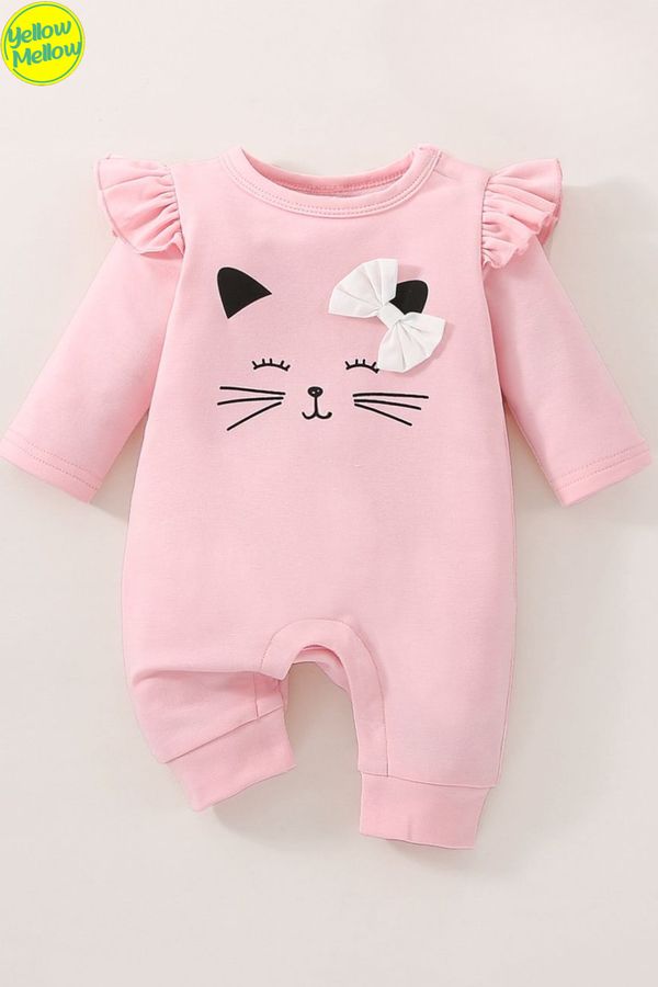 Cute Cat with Frill Pink Fleece Romper