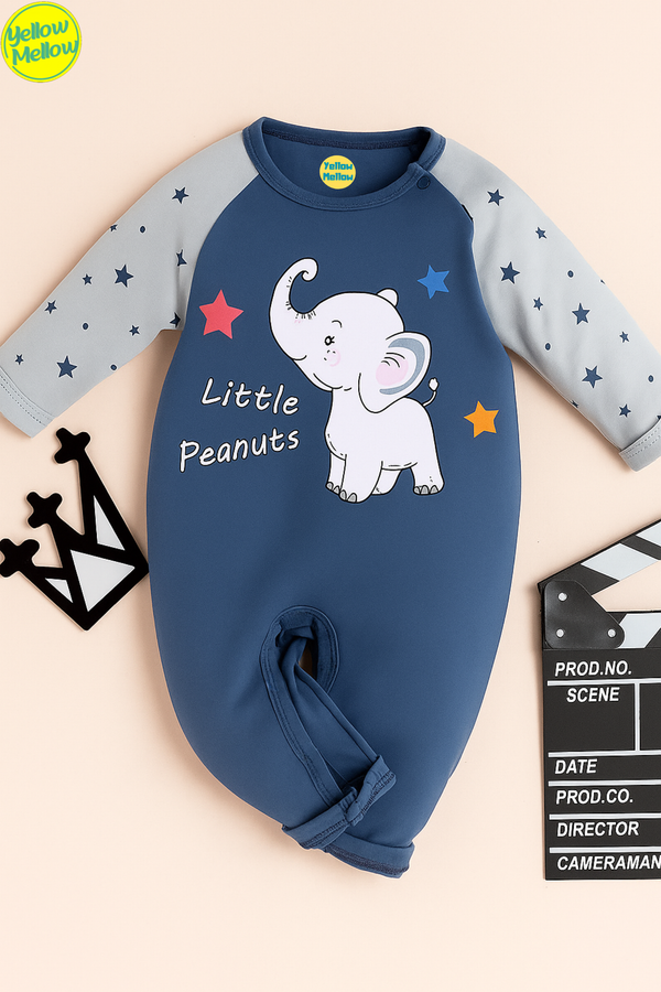 Elephant Blue Winter Fleece Romper with Star Sleeves