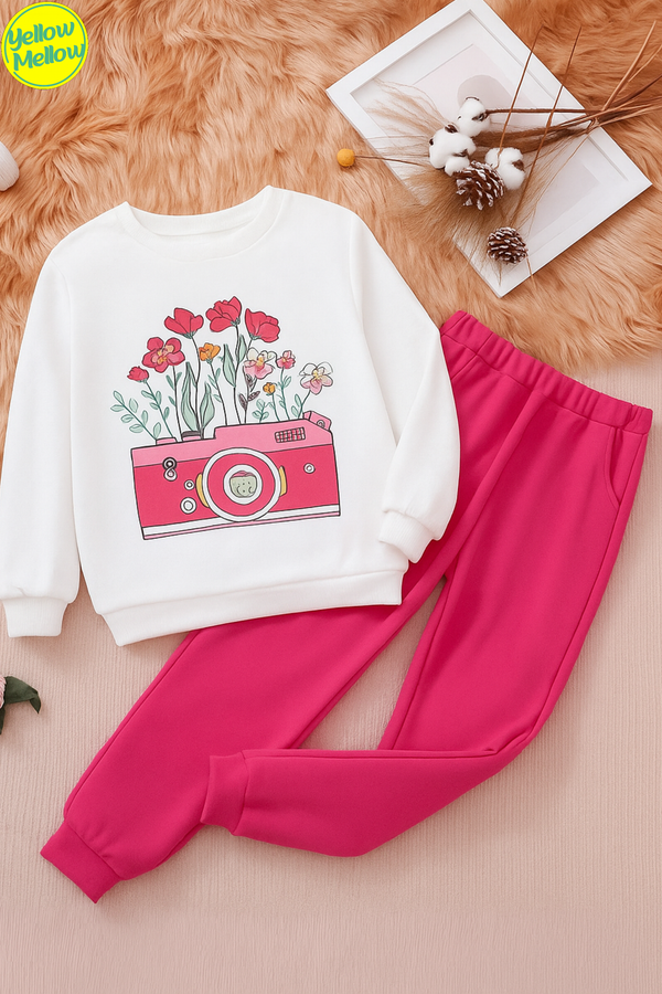 Camera with Flowers White Pink Girls Tracksuit