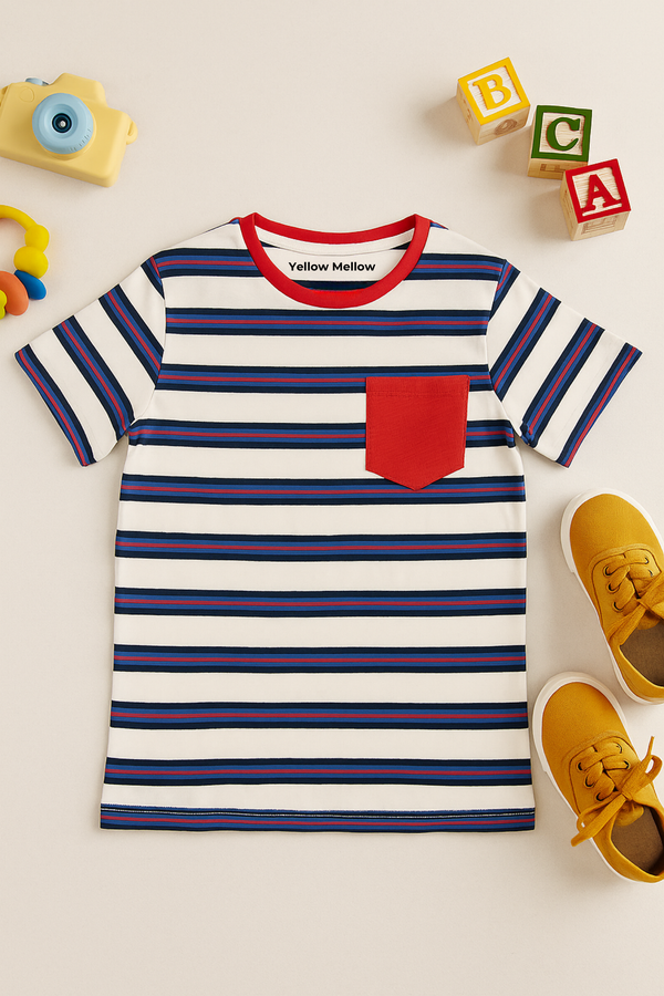White and Blue Striper Tee with Red Pocket