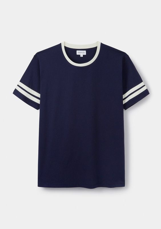 Navy Tee with White Stripes on Sleeves